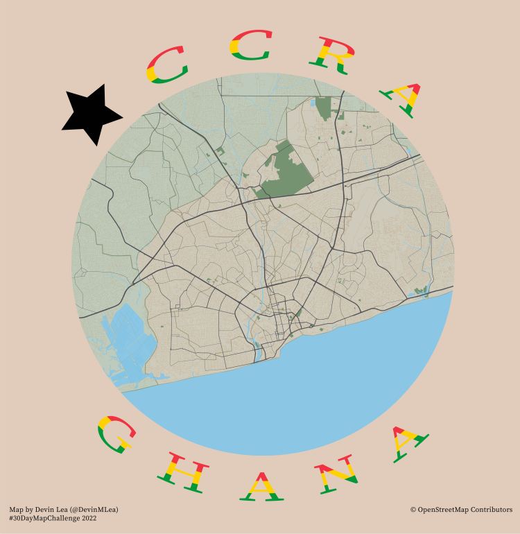 A map shows the primary and secondary streets of Accra, Ghana in West Africa. The title text for the map uses the red, yellow, and green colors of Ghana's national flag.