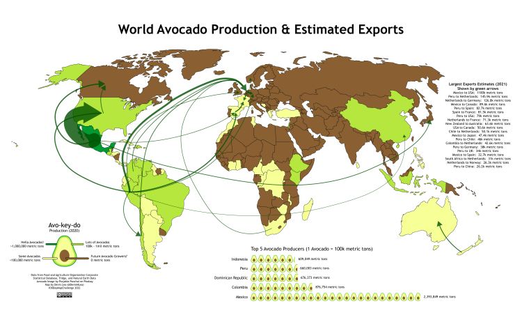 Map shows avocado production for each country in the world. The five largest producing countries are Mexico, Colombia, Dominican Republic, Peru, and Indonesia. The map also shows the largest exports of Avocado around the world. The largest exporter in the world is Mexico to the United States. The key of the map is an avocado with four different colors and categories matching production categories on the map.