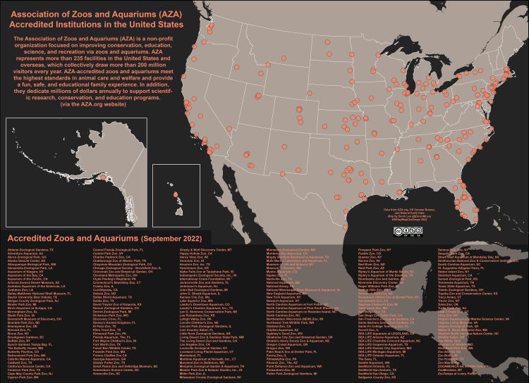 A map of the United States of America displaying the locations of zoos and aquariums that are accredited by the Association of Zoos and Aquariums organization. There are more than 235 accredited institutions in the United States. To learn more about the Association of Zoos and Aquariums, see their website at https://www.aza.org/