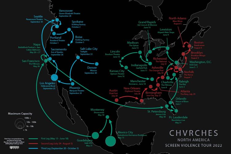 The map shows coverage of North America and the three legs of the 2022 Screen Violence Tour across North America by the Scottish band Chvrches (pronounced Churches). Leg one was between May 13 and June 18 and covered 18 cities. Segment two was between July 24 and August 5 and covered 10 cities. Leg three was between September 20 and October 3 and covered 10 cities.