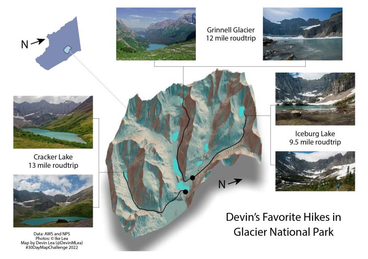 The map is titled Devin's favorite hikes in Glacier National Park. A three-dimensional map is at center of display showing three hikes. One is Iceberg Lake, which is a 9.5-mile roundtrip hike. Another is Grinnell Glacier, which is a 12-mile roundtrip hike. The last is Cracker Lake, which is a 13-mile roundtrip hike. Pictures of each hike ring the map.