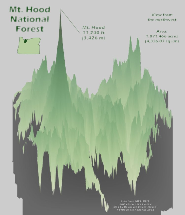 A three-dimensional model of the topography of Mt. Hood National Forest in Oregon. The model points out that Mt. Hood is 11,240 feet above sea level (or 3,426 meters above sea level). The view of the model is viewing the national forest from the northwest, and the National Forest is about 1 million acres or 4,300 square miles).