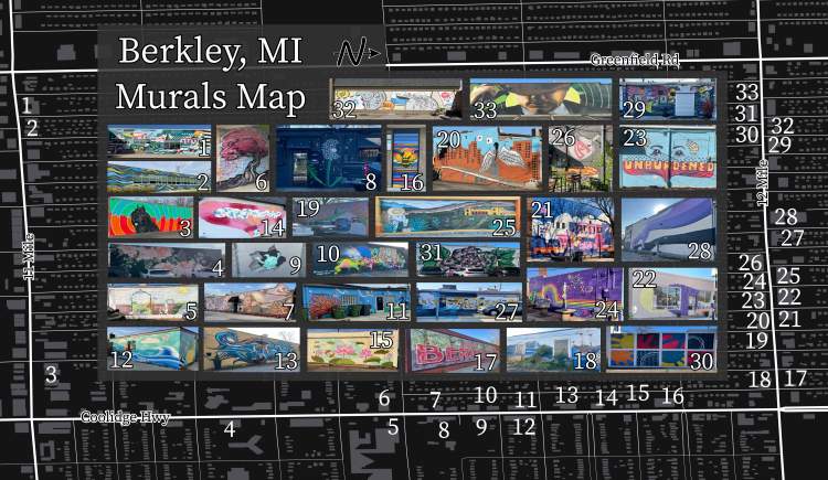 Map shows the locations and a picture of each of the 33 murals in Berkley, MI. The picture of each mural is in the center of the map and is labeled with a number, and that number is correspondingly located on the map in the approximate location of the mural.