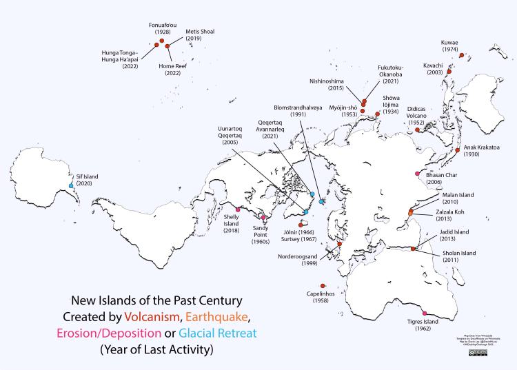 A map of the world showing locations of islands that have been created over the past one hundred years by Volcanism, Earthquake, Erosion or Deposition, or by Glacial Retreat. There are 18 created by volcanism, 5 created by erosion or deposition, 4 by glacial retreat, and 1 by Earthquake.