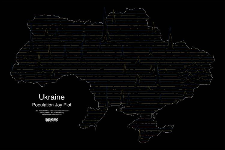 Map of Ukraine where horizontal lines across the country are vertically exaggerated based on the proportion of population in the area. Population is based on 2020 data. The lines are alternating blue and yellow, same colors as Ukraine flag.