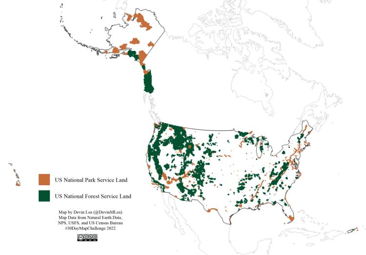 Map shows the area in the United States that is either National Forest Service Land in green or National Park Service Land that is brown.
