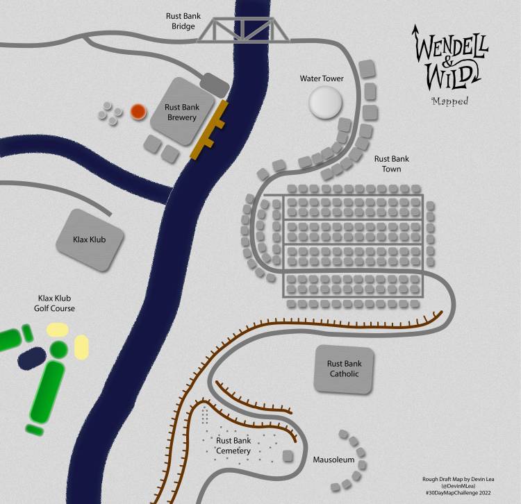 A map showing the town of Rust Bank and relevant locations that appear in the stop motion movie Wendell and Wild by Henry Selick and Jordan Peele.