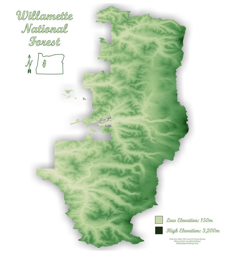A raster map showing the extent of Willamette National Forest and locations shaded by elevation. Colors are all in shades of green, with the darkest green for higher elevation and light green for lower elevation.